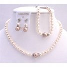 BRD727 Complete Set Necklace Earrings & Bracelet Bridal Jewelry Set Ivory & Champagne Pearls