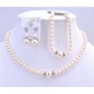 BRD717 Complete Set Necklace Earrings & Bracelet Bridal Swarovski Ivory Pearls Jewelry