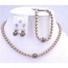 BRD716 Bridal Necklace Earrings Bracelet Complete Set Bronze Pearls w/Chocolate Brown Pearls