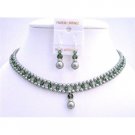 BRD707 Powder Almond Green w/Tumarine Green Crystals Jewelry Set Handmade Bridal Necklace Set