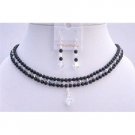 BRD704  Black Swarovski Pearls Necklace Set w/ AB Crystals Bridal Jewelry Set