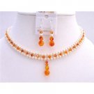 BRD703 Fire Opal Crystals Drop Down & Earrings Necklace Set Bridal Jewelry Set