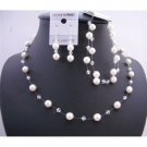 BRD652 Clear Crystals w/ White Pearls Necklace Set w/ Double Stranded Bracelet Complete Set