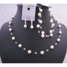 BRD651 Clear Crystals & White Pearls Necklace Set w/ Double Stranded Bracelet Complete Set