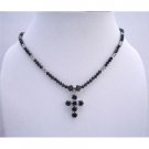 NSC570  Black Crystals Cross Pendant Necklace Swarovski Jet & Black Diamond Crystals Necklace