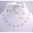 BRD611  White Pearls & Swarovski Amethyst Crystals Bridemaides Affordable Jewelry Set w/ Bracelet