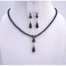 NSC538 Black Crystals Jewelry Set Swarovski Jet Crystals w/ Sterling Silver Earrings Necklace Set