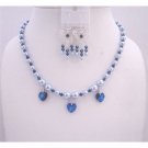 NSC515  Blue Pearls And Sapphire Swarovski Crystals Necklace Set Handcrafted Custom Jewelry