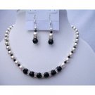 NSC379  Swarovski Jet Crystals White Pearls Jewelry Genuine & Fine Necklace Sets