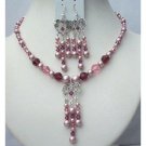 NSC370 Rose Powder Pearls Rose Pink & Fuschia Crystals Necklace & Earrings Jewelry Set