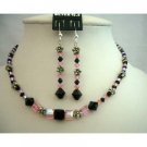 NSC335 New Rose AB Crystals w/ Jet Crystals Genuine Swarovski Crystals Necklace Set w/ Bali Silver