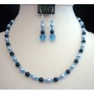 NSC215  Genuine Swarovski Crystals & Pearls In Aquamarine Blue Handcrafted Necklace Set