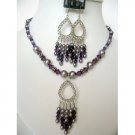 NSC157  Genuine Swarovski Purple Pearls & Amethyst Crystals w/ Dangling Pendants Necklace Set