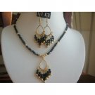 NSC155  Handmade Genuine Swarovski Crystals Jet w/ 22 Gold Plated Pendant Necklace & Earrings