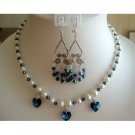 NSC143  Genuine Swarovski Cream Pearls w/ Blue Sapphire Crystals Necklace Set