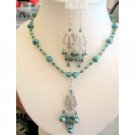 NSC142 Swarovski Crystals Erinite Green Freshwater Pearls Necklace Set Handcrafted Custom Jewelry