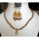 NSC141  Authentic Necklace Set in Swarovski Copper Pearls w/ 22k Gold Plated Pendant