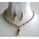 BRD448 Powder Almond Pearls & Swarovski Smoked Topaz AB Crystals Handcrafted Jewelry Set