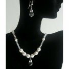 BRD365 Swarovski Clear Crystals Pearls Necklace w/Clear Crystals Teardrop Earrings Jewelry Set