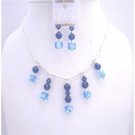 BRD574  Aquamarine Swarovski Crystals And Metallic Blue Crystals Silver Pipe Bridal Set