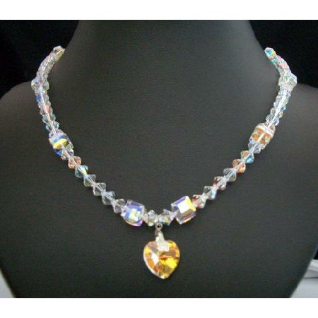 BRD162 Fine Crystals Collectibles Genuine Swarovski Aurore Borealis Crystals Heart Pendant Necklace