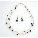 BRD985  Swarovski Jet Crystal Dress Jewelry Golden Three Stranded Necklace Set