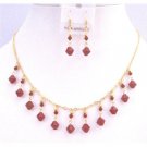 NSC750  Dark Red Coral Genuine Swarovski 22k Gold Plated Necklace Set Jewelry