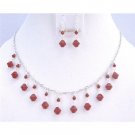 NSC751  Exquisite Dark Red Coral Swarovski Crystals Silver Plated Necklace Set