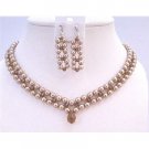 NSC755  Interwoven 3 Stranded Swarovski Bronze Pearls Smoked Crystals Necklace Set