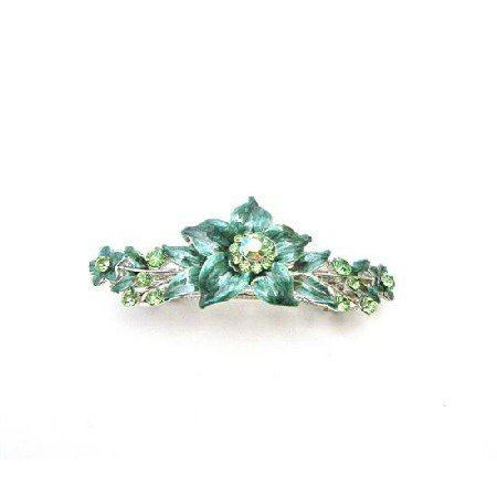 HA514 Peridot Crystals Prom Wedding Hair Barrette Dark Green Flower Barrette