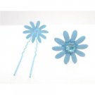 HA555  Metal Hair Pin In Blue Flower With Sapphire Crystals
