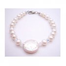 TB952 Coin Freshwater Pearls W/ Round Potato Shaped Pearls & AB Swarovski Crystals Bracelet