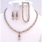 BRD024  Complete Set Bridal Wedding Jewelry Bronze Pearls Smoked Topaz Crystals Handcrafted Set