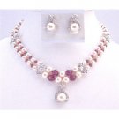BRD021 Double Stranded Necklace Swarovski Ivory Pearls Fuschia Crystals w/ Silver Flower Rondells