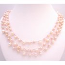 N852  Long Freshwater Pearls Long Necklace 68 Inches Ivory Pink Peach Accented In Silk Silver Thread