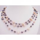 N856  Peach Grey Natural Freshwater Pearls Long Necklace In Pink Silk String Necklace