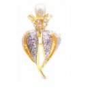 B427  Brooch With Blooming Pearls Bud & Decorated W/ Cubic Zircon & Crystals Brooch