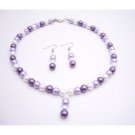 NS825  Drop Down Prom Necklace Set Purple Lilac & White Pearls Necklace Set