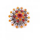 B443  SUNSET Vintage Brooch With Orange and Lite Siam Crystals Oxidized Metal Brooch