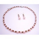 BRD063  Handcrafted Genuine Swarovski Rose Pink Pearls & Smoked Topaz Crystals Necklace Set