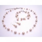 BRD070 Platinum Champagne Pearls Crystals Necklace & Earrings Wedding Jewelry