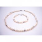 BRD073 Flower Girls Ivory Pearls Necklace & Bracelet W/ Silver Beads Classic Trendy Jewelry