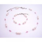 BRD076 Wedding Jewelry Genuine Swarovski Rose Pearls & Crystals Necklace & Bracelet