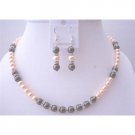 BRD027  Peach Chocolate Brown Swarovski Pearls Necklace Bridal Wedding Jewelry