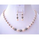 BRD028  Dark Chocolate Peach Pearls Silver Rondells Spacer Wedding Jewelry Set