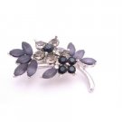 B413  Bridemaids Jet Black Diamond Crystals Flower Silver Tone Dress Brooch