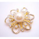 B421  Gold Flower Brooch Fully Embedded With Diamante & Ivory Pearls At Center