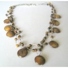 N891  Tiger Eye Beads Necklace Three Strand Silk Brown Shell Wedding Necklace
