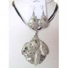 NS908  Multistrand Black & White String With Silver Ethnic Pendant Earrings Set