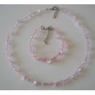 NS938  Rose Stone Nugget W/ Rose Crystals & Small Pink Necklace & Bracelet Set